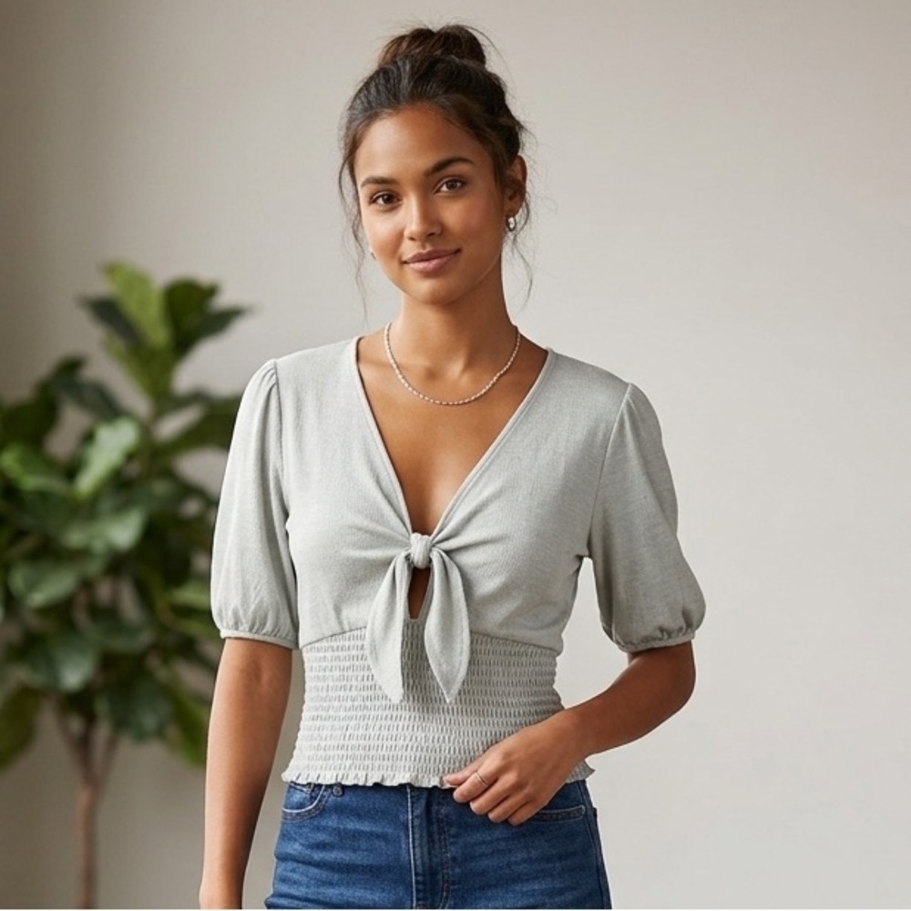 Abercrombie & Fitch Smocked Waist Tie-Front Puff Sleeve Top - Grey Size M